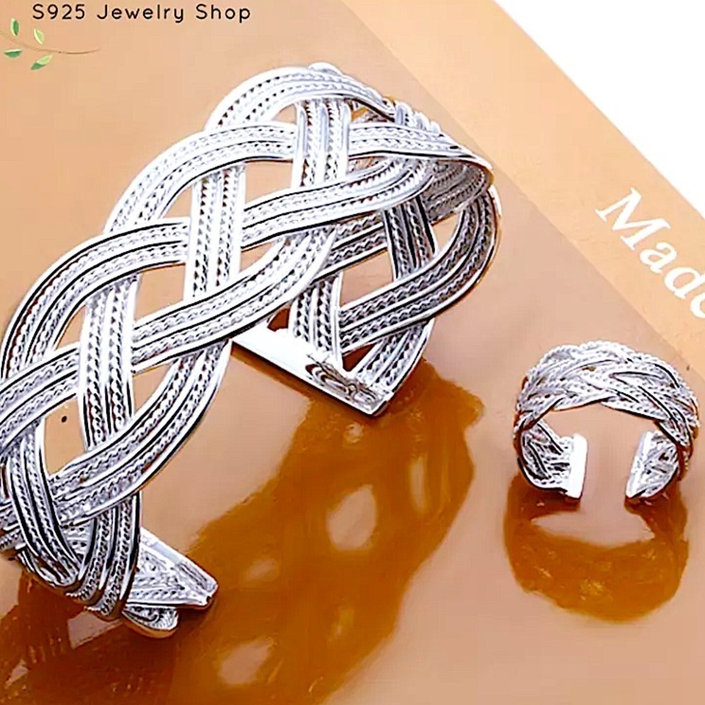 Braided Sterling Silver Bangle Cuff Bracelet Matching Ring Set